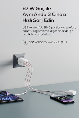 Hızlı Şarj Adaptörü 67w Gan + Type-c Kablo 100w Pd 3 Port, İphone & Samsung Uyumlu V0102010