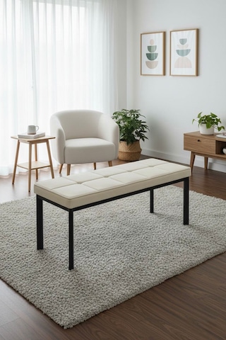 Vena 105x40 Bench - Babyface Kumaş Çımalı Döşeme Puf Bench Siyah Ayaklı Krem