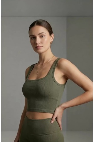 LUXSTOREE Kadın Haki Yeşili Kalın Askılı Crop Top Büstiyer Modern Ve Şık Tasarım Çok Renkli