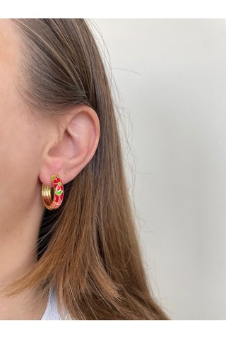 Renkli Kırmızı Çiçek Desenli Gold Kararmaz Çelik Halka Küpe Gold