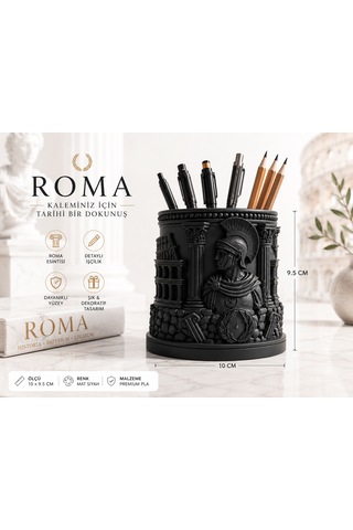 Antik Roma Temalı Dekoratif Kalemlik Premium Tasarım 10x9.5 Siyah