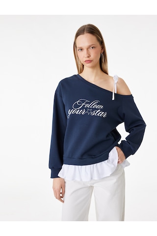 Koton Fiyonk Detaylı Pamuklu Uzun Kollu Asimetrik Yaka Baskılı Sweatshirt Lacivert 6sal10379ık