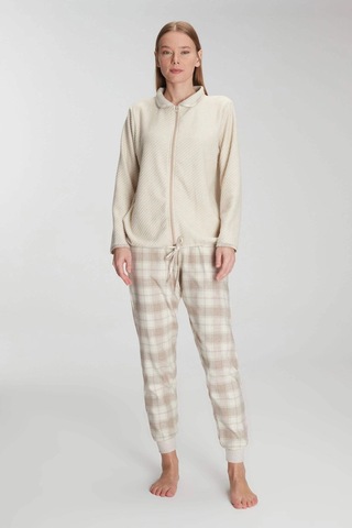 Fermuarlı Uzun Kol Sweatshirt Pantolon Takım Viskon Ve Pamuklu Pijama Takımı Ten