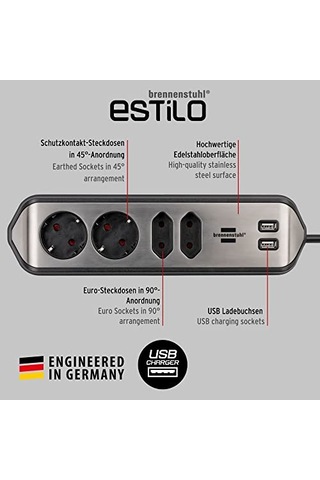 Köşe Priz Çubuğu - 4'lü Yüksek Kaliteli Paslanmaz Çelik Yüzeyli 2 Schuko Ve 2 Euro Priz Usb Şarj Fonksiyonlu G 0
