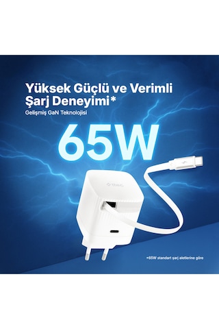 Ttec Smartcharger Gan 65W PD Seyahat Hızlı Şarj Aleti USB-C + Dahili PD 65W 70 CM USB-C Şarj Kablosu