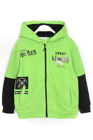 Ön Ve Arkası Baskılı Cepli Erkek Çocuk Kapüşonlu Hırka Yeşil 1989 Yeşil