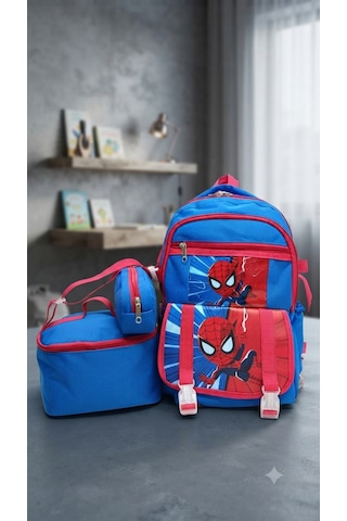 İlkokul 3 Lü Set Karekter Desenli Laptop Bölmeli Kalemlik,beslenme Çantalı Erkek Çocuk Okul Sırt Çantası 41 27 17 Cm Mavi