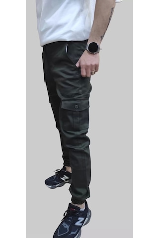 Erkek Jogger Beli Ve Paçası Lastikli Keten Haki Kargo Pantolon Haki
