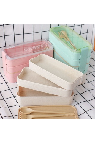 Youtek Yeşil Buğday Samanı 3 Katlı Bölmeli Mavişim, 900ml Öğrenci-ofis Çalışanı İçin Dışarıdaki Yemek Kutusu, Dayanıklı Plastik Diğer