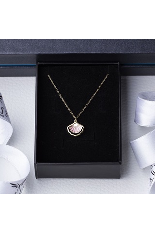 Deniz Kabuğu Model Pembe Mineli Gold Rengi 925 Ayar Gümüş Kadın Kolye Gold
