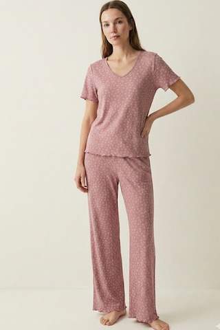 Elemge Kadın Bambu Pamuk Pijama Takımı Gül Kurusu Fitilli Regular Fit Alt & Üst İnce Kısa Kol Lastkli Esnek