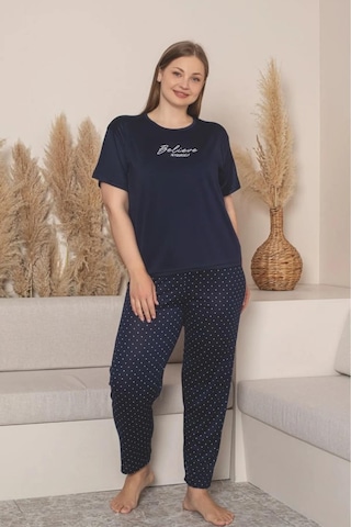 Charme Kadın Büyük Beden Bisiklet Yaka Milan Likralı Kısa Kol Pijama Takımı K601/254 - 1 Adet Lacivert