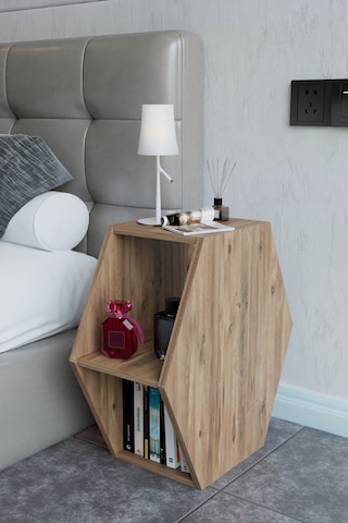 Alpa Ev Mobilya Altıgen Komodin, Modern Başucu Sehpası, Dekoratif Raflı Komodin Kitaplık Atlantik Çam