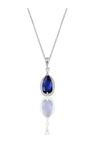 Gümüş Rodyumlu Safir Taşlı Damla Modeli Kolye Ve Küpe İkili Set