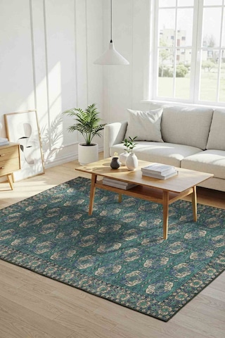Artloop Relic Yeşil / Mavi Vintage Dokulu Klasik Desenli Dokuma Tabanlı Şönil Halı Al 472 Bej