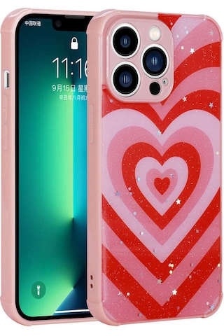 Apple Uyumlu iPhone 13 Pro Uyumlu Simli Desenli Kamera Korumalı Parlak Zore Popy Kılıf-kalp Kalp -