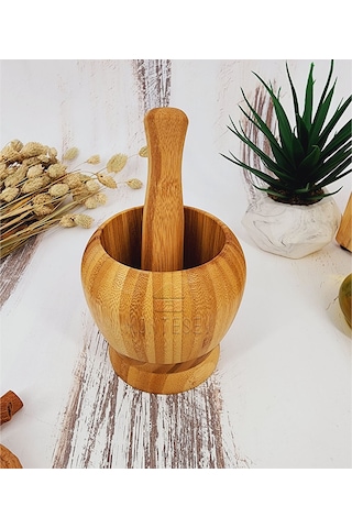 El Yapımı Ahşap Ağaç Havan Sarımsak Döveceği Bambu 12 Lik