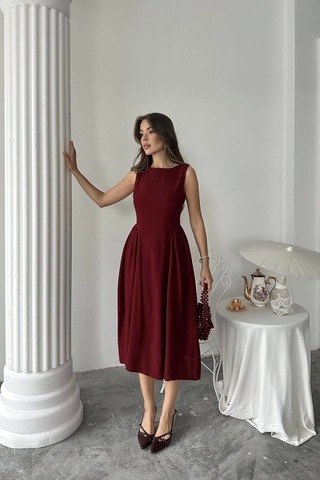 Bordo Yanları Büzgülü Midi Boy Keten Elbise Bordo