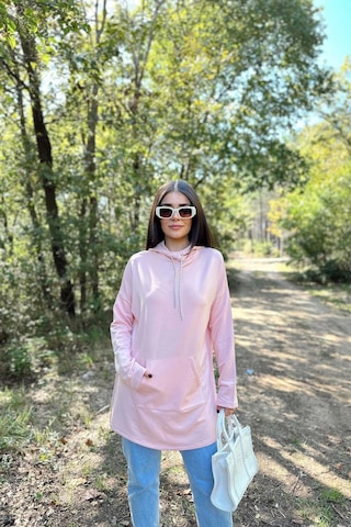 WeShaya Kadın Pudra Uzun Kol, Yakası Bağcıklı, Kapüşonlu, Kanguru Cep, Salaş, Uzun Tunik Sweatshirt Pudra
