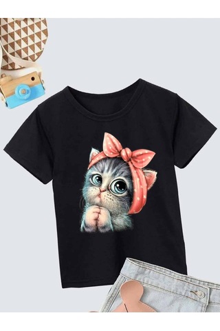 Noıssey Kod:vsk Siyah Çocuk T-shirt Kids-tatlı-kedi-siyah