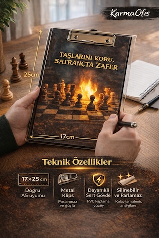 Taşlarını Koru Satranç Temalı Sekreterlik 17x25 Cm A5 Uyumlu Metal Klipsli Dayanıklı Clipboard