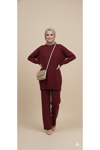 Triko Tunik Pantolon Tesettür Takım Bordo