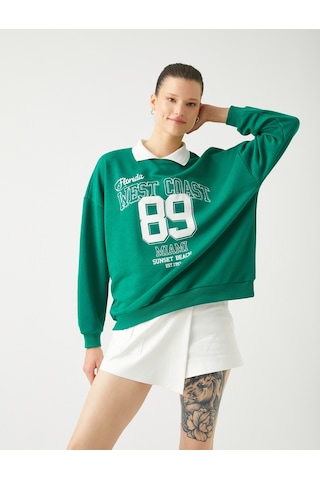 Koton Oversize Sweatshirt Polo Yaka Kolej Baskılı Uzun Kollu Yeşil 4wal10049ık Yeşil