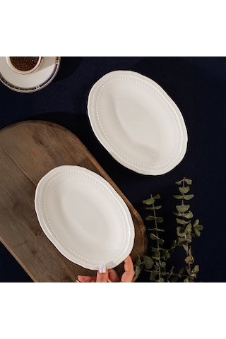 Porsima 4464 Beliz Porselen Kayık Tabak Seti - Oval Kahvaltılık Sunumluk Seti 20cm Beyaz