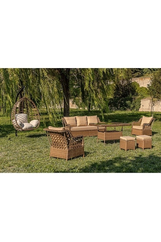 Btkconsept Lupa Eslem Rattan Bahçe Mobilyası 3+1+1 Puf Ve Salıncak Dahil" Masalı Kahverengi
