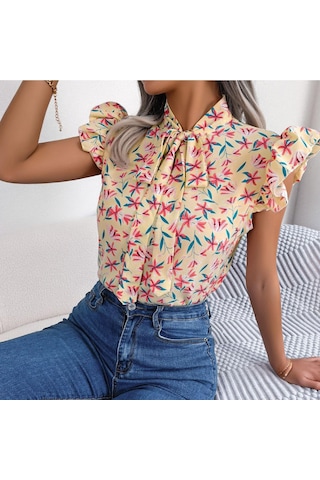 Gmxıa Kadın Modası Rahat Yaz Çiçek Desenli Kolsuz V Yaka Bluzlar Ve Ahşap Kulak Kenarlı Fiyonklu Şifon Gömlekler Bebek Mavisi