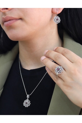 Yakut Taşlı Gül Model Oksitli 925 Ayar Gümüş Telkari Kadın Üçlü Set 201025647