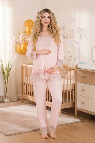 Quilling Lady Bebe Pembe Renkli Dantel Detaylı, 33203 Uzun Kol, 2 Parça Lohusa Hamile Pijama Takımı Açık Pembe M - L