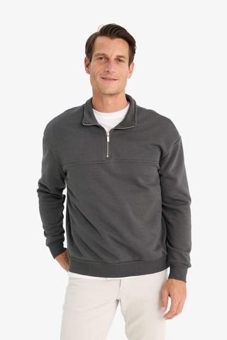 DeFacto Relax Fit Dik Yaka Fermuarlı Basic Düz Kalın Sweatshirt E5334AX24WNAR211