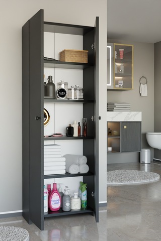 Alpaevmobilya Çok Amaçlı 2 Kapaklı 5 Raflı 150 Cm Banyo Dolabı Organizer Düzenleyici Ve Çamaşır Odası Dolabı Antrasit