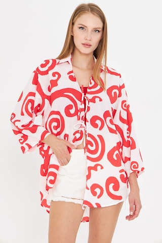 Armonika Kadın Kırmızı-beyaz Gömlek Yakalı Önden Bağcıklı Kimono Gömlek Arm-25k001006
