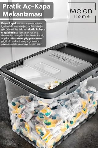 Etiketli Deterjan Saklama Kutusu - 15 Lt Sürgülü Kilitli Kapak Tablet Toz Deterjan Kabı Gri Gri