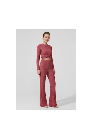 Hımmelduf Bordo Fitilli İkili Takım Önü Düğümlü Crop Bluz Ve İspanyol Paça Pantolon Bordo