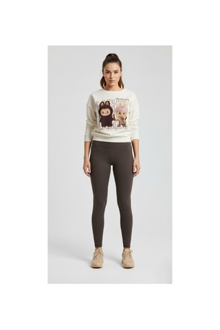 The Kadın Soft Touch Ayıcık Desenli %100 Pamuk Sweatshirt - Casual Fit- Krem/pembe Krem
