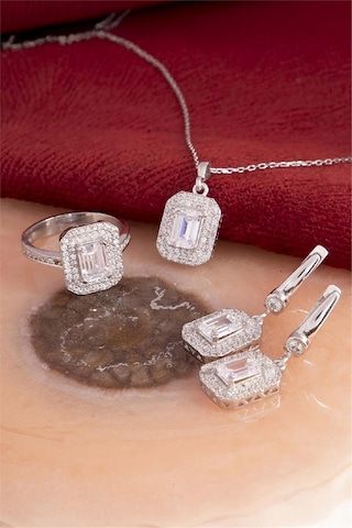 925 Ayar Gümüş Rodyumlu Sekizgen Baget Bayan Takı Seti -8225 Gümüş