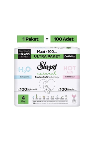 Sleepy Natural Double Soft Ultra Paket Bebek Bezi 4 Numara Maxi 100 Adet
