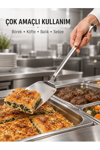 Beylini Endüstriyel Düz Servis Spatulası Delikli Paslanmaz Çelik Uzun Saplı Asılabilir Izgara Tava Lokanta Profesyonel Mutfak Gri No 1