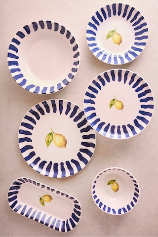 Limone Blu 27 Parça 6 Kişilik Seramik Yemek Takımı Limon Desenli Mavi Çizgili Sunum Seti Cokrenklı Çok Renkli