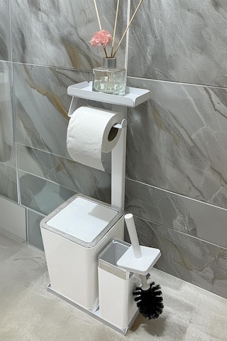 3'ü 1 Arada Banyo Seti Tuvalet Kağıtlık, Çöp Kovası Ve Tuvalet Fırça Takımı Krom Beyaz Çok Renkli