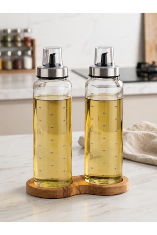 Ahşap Standlı Cam Yağdanlık Seti Damlatmaz Kapak 500 Ml 2 Li Set Şeffaf