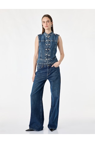 Koton Pamuklu Cepli Yuvarlak Yaka Kolsuz Denim Military Yelek Orta İndigo 7wal20008md
