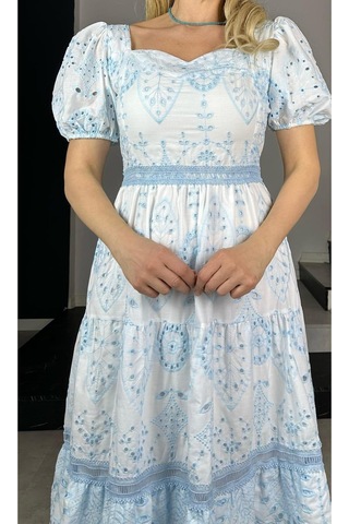 G1370 Balon Kol Fisto Elbise Mavi Mavi