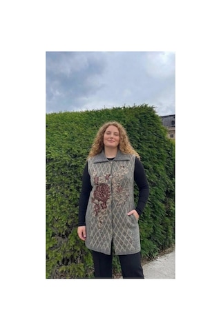 Onno Style Women Büyük Beden Ekose Gül Pike Desenli Çelik Örgü Kadın Triko Yelek Kaban Gri
