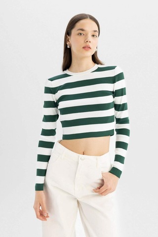 Defacto Coool Slim Fit Dar Kesim Çizgili Bisiklet Yaka Triko Kazak X6888AZ24WNGN311 Yeşil