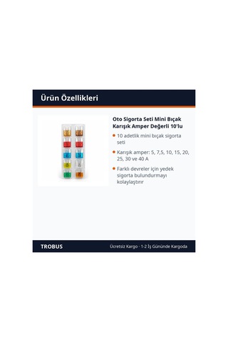 Trobus Oto Sigorta Seti Mini Bıçak Karışık Amper Değerli 10'lu Diğer