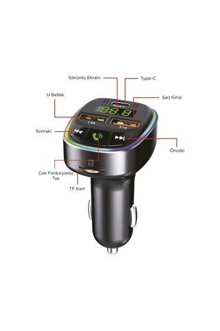 Torima G17 Siyah 18w Hızlı Şarjlı Bluetooth Transmitter Araç Şarj Cihazı Usb, Tf Kart, Fm, Mikrofon Destekli